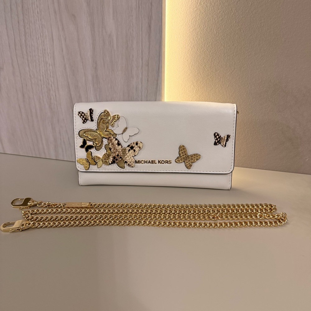 Authentic Michael Kors Butterfly Embellished Leather Convertible Chain Wallet